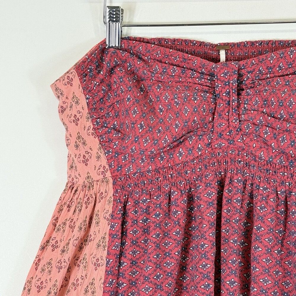 Free People Strapless Mixed Print Babydoll Top in Burgundy and Pink - Picture 3 of 9